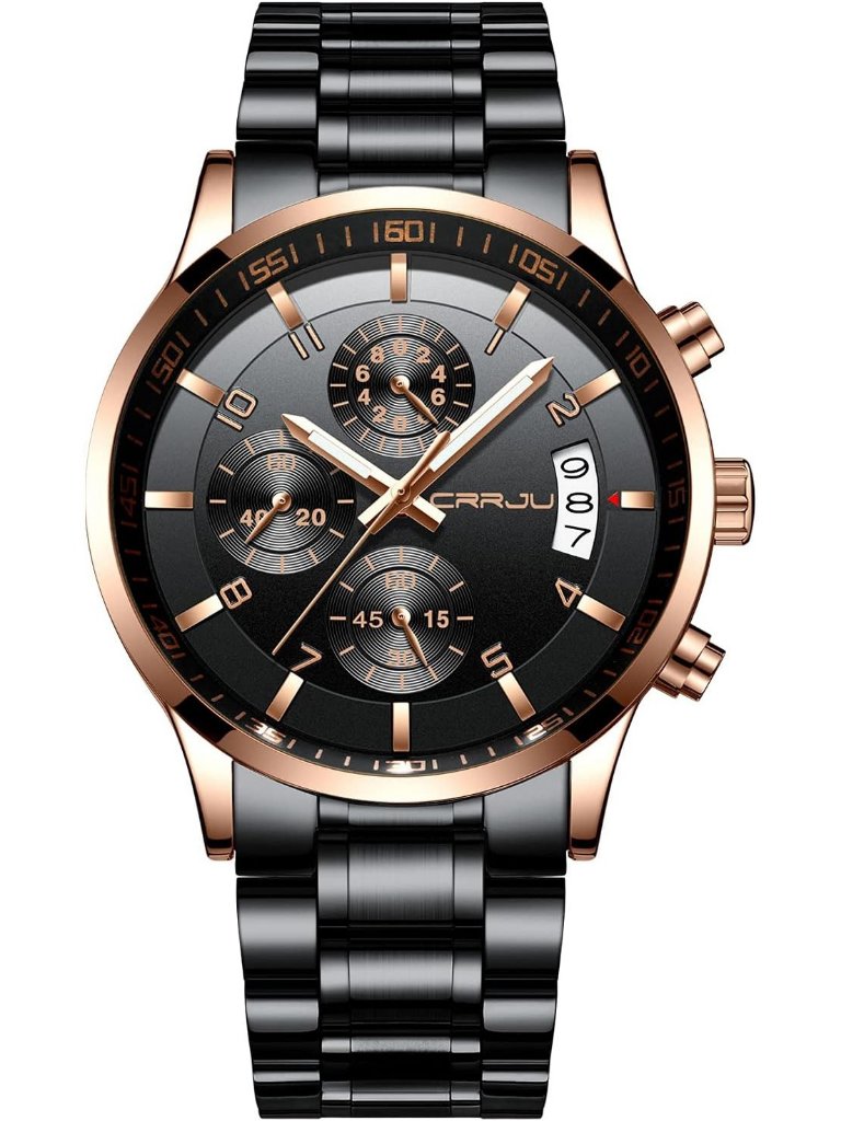 Men's Black Rose Gold Analog Stainless Steel Waterproof Chronograph Wrist Watch